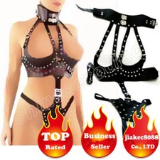 Female Lingerie Body Harness Black PU Leather Corset Cupless Chest Cage Garter