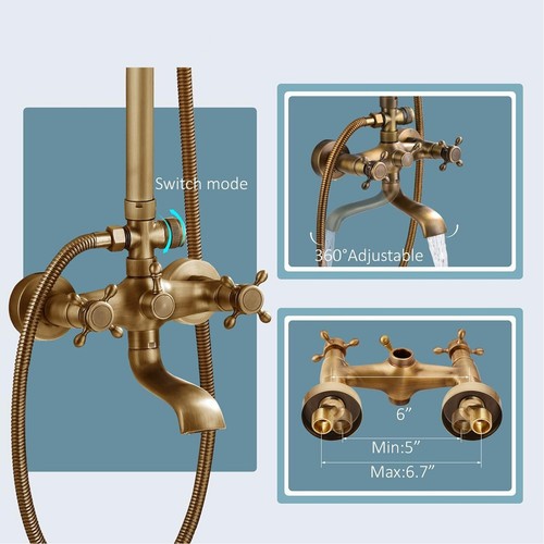 WELS Shower System Set Antique Brass Rainfall Shower Head Hand Shower Wall Mount - Picture 6 of 11