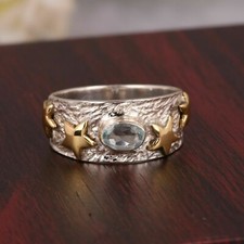 Natural Blue Topaz Star Design Band Ring 925 Sterling Silver Engagement Band
