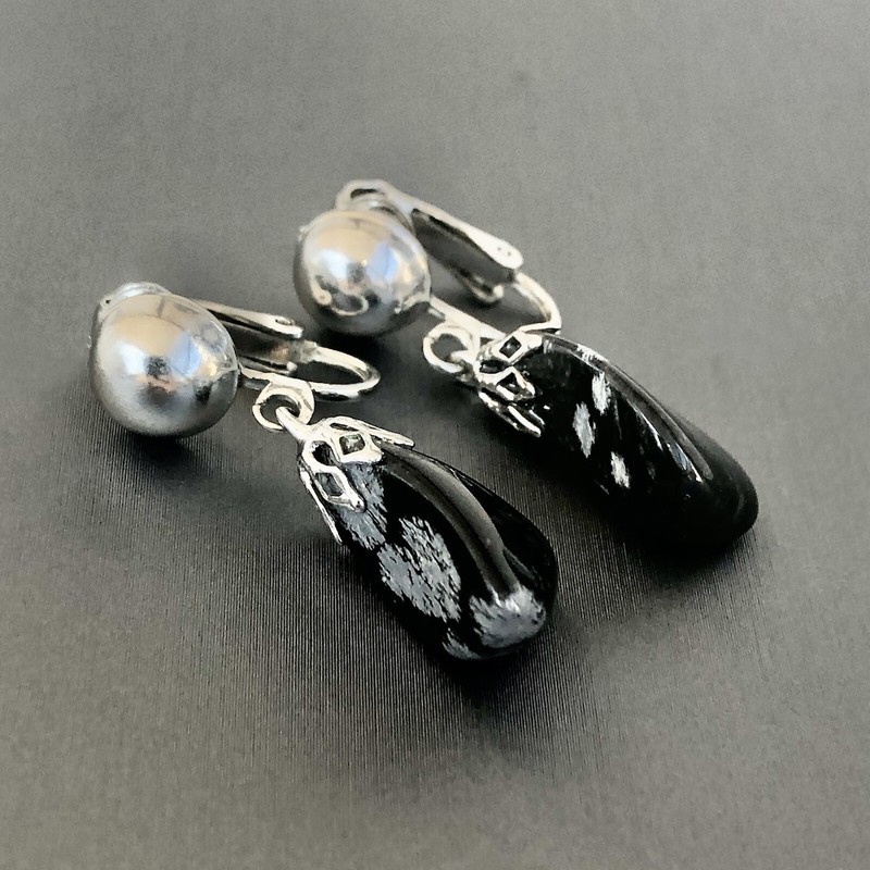 VTG Snowflake Obsidian Stone Drop Dangle Gemstone Earrings
