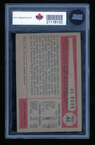 Alvin Dark/.968/.960 Fielding Avg. 1954 Bowman #41B Marked New York Giants KSA 5 - Picture 2 of 2