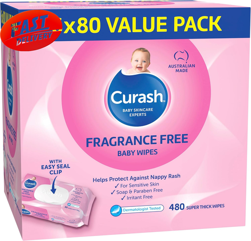 Curash Fragrance Free Baby Wipes 6 X 80 Value Pack, 480 Wipes