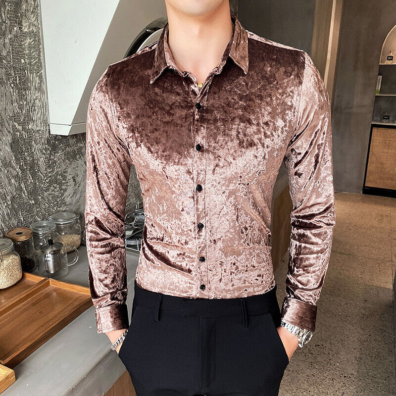 Mens Fashion Velvet Long Sleeve Dress Shirt Casual Buttons Front Tops Plus  Size