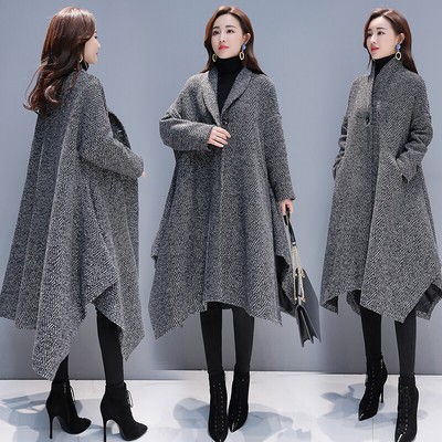 Womens Korean Fashion Tweed Wool Blend Loose Poncho Outwear Warm