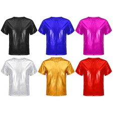 Girls Boys Dance Party Performance Tops Metallic Shiny Jazz Hip Hop T-shirt