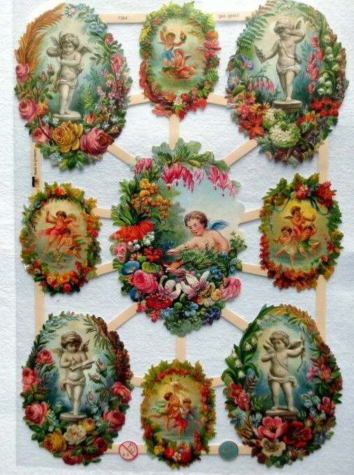 Glanzbilder Oblaten ~ ef 7364 Engel mit Blumenrahmen Blumenherz Scrap Poesie