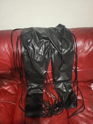 Black Faux Leather Pants with Strings Hanging