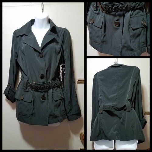 Dana Buchman Green Military Adjust Sleeve Trench Unlined Belt Jacket ~ S M3020 - Picture 1 of 12