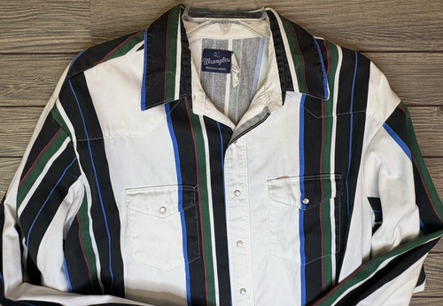 Camisa Wrangler De Colección Para Hombres Rayas Brushpopper Western XLTall Vaquero Perla A Presión - Imagen 7 de 11