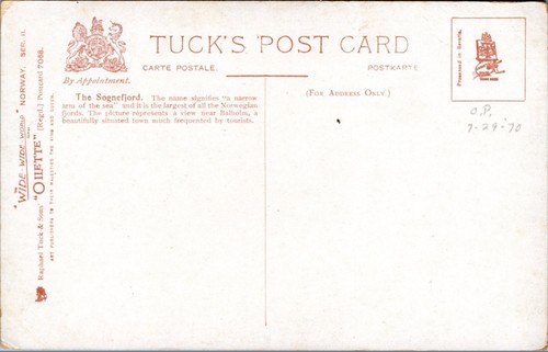 Postcard Norway Vestland Tuck 7068 - The Sognefjord - Picture 2 of 2