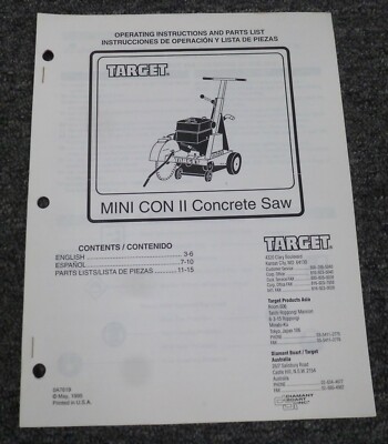 Target 8H 8KM 13H Mini-Con II Concrete Saw Parts Catalog & Owner Operator Manual