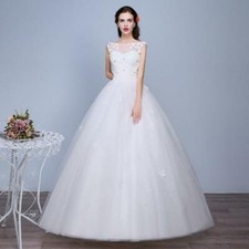 White Wedding Dresses Ball Gown O-Neck Sleeveless Appliques Beaded Lace Up