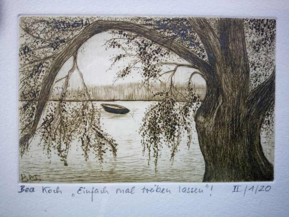 Original Zeichnung mit Holzrahmen See Landschaft Bea Koch - Bild 1 von 4