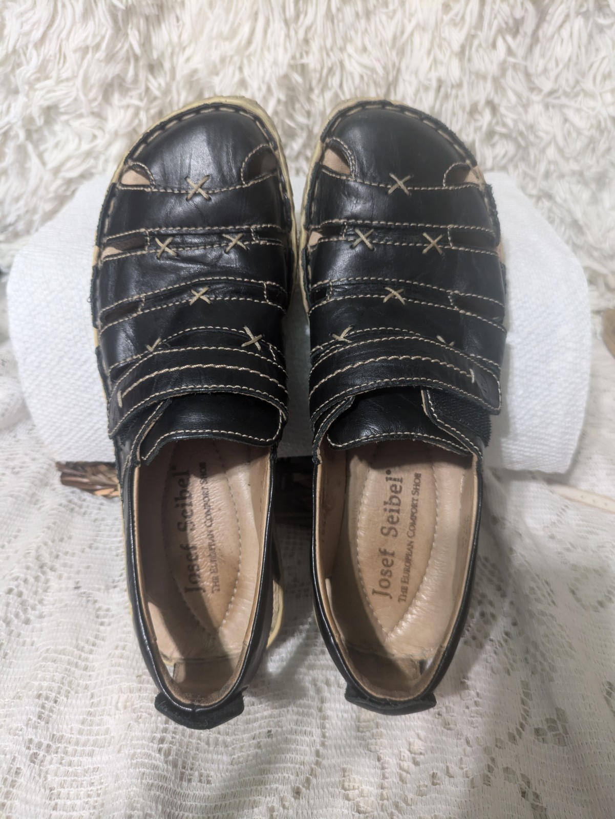 Womens Boho Sandels Josef Seibel Sz 7 Black Leather  Fisherman Shoes Retail$75