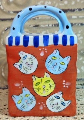 Fun Ceramic Bella Casa Ganz Kitty Cat Faces & Paw Prints Shopping Bag Vase