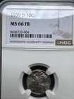 1939 D Mercury Dime 10C, NGC MS66FB Full Bands, Gem Uncirculated BU