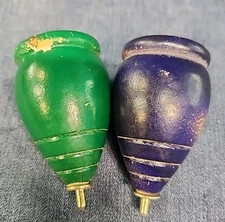 Pair of Vintage Wood Spinning Tops Original Green & Purple Paint Metal Tip mAAV