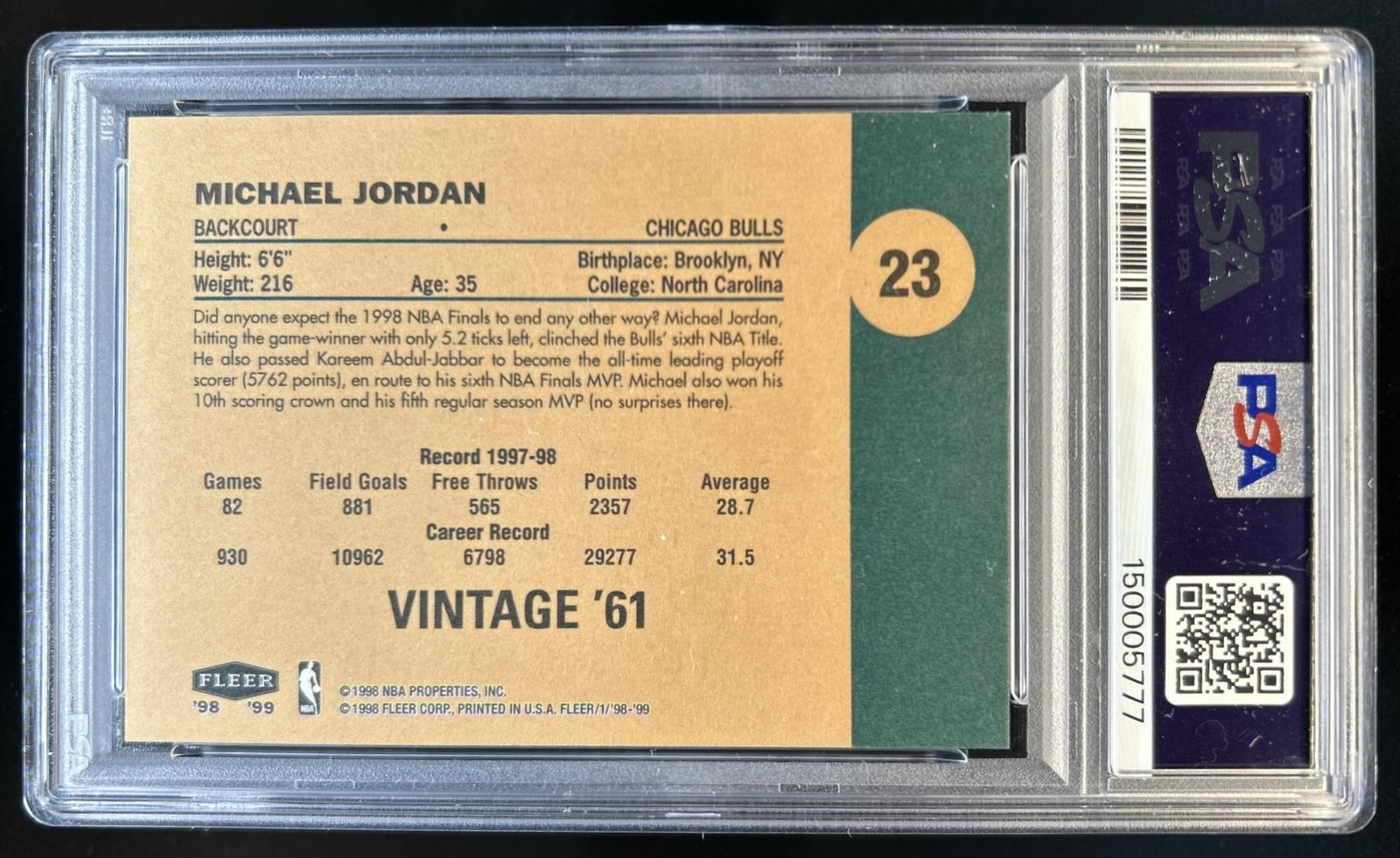 1998-99 Fleer Tradition Michael Jordan Vintage '61 #23 Bulls PSA 9 view 2