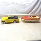 Vintage Tonka Yellow Jeepster + Runabout Boat, Trailer, Truck, Pressed Steel