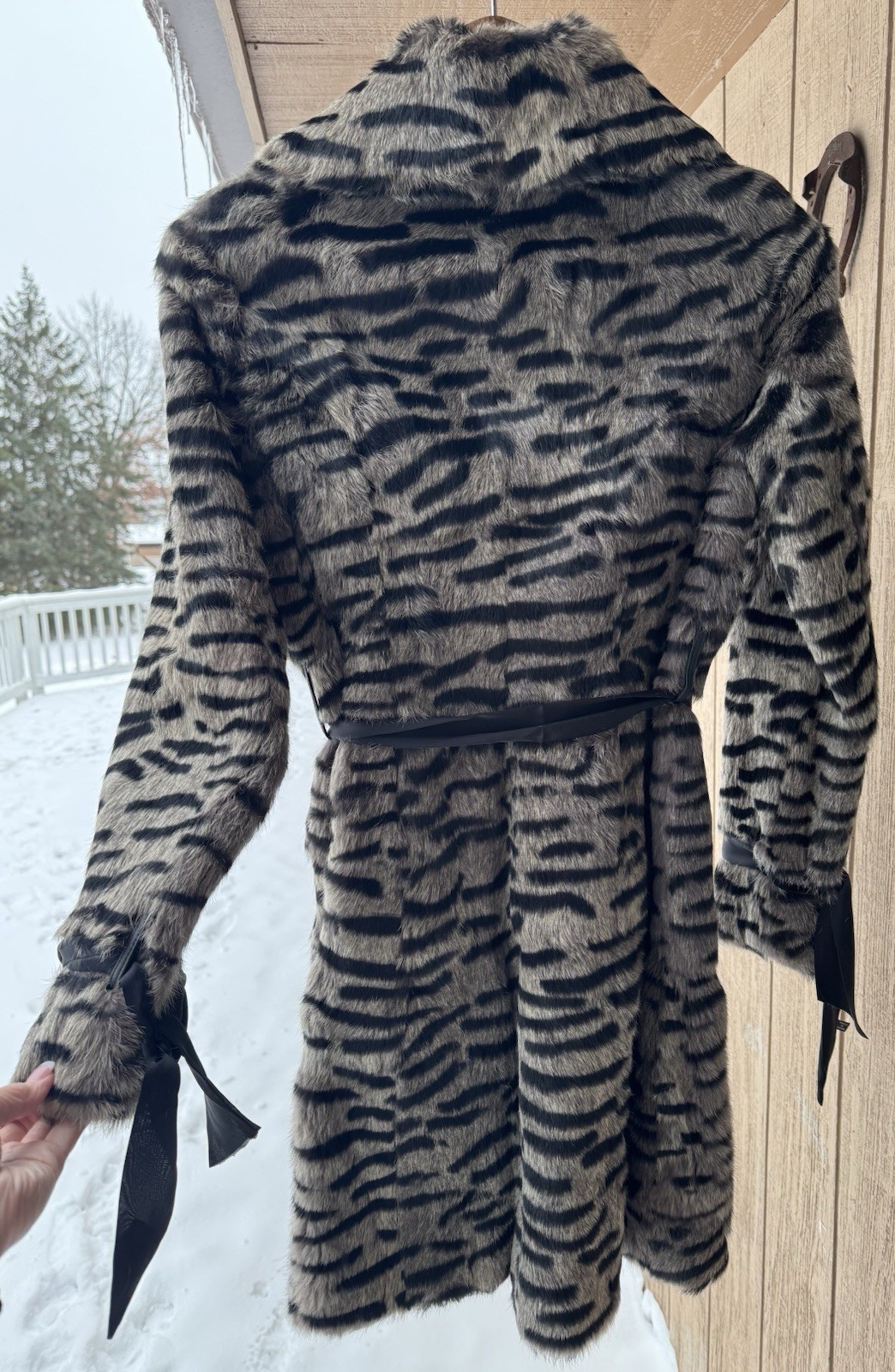Vintage Bebe Dyed Rabbit Fur Coat Medium Tiger Stripe Print Leather Trim Belted