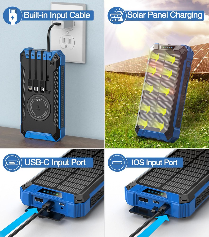 36000mAh Power Bank with Wireless Charger, Built-in 4 Cables, 6 Outputs, 15W Fast Charging, Portable High-Capacity Battery Pack for All Devices