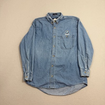 Vintage BMW Denim Button Shirt Medium Blue Workwear Mechanic Cars Racing 90s