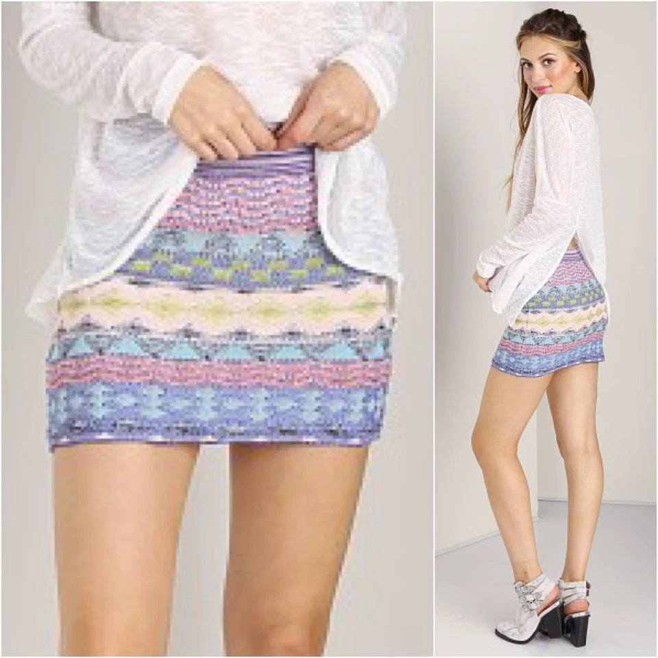 GODDIS NUEVO CON ETIQUETAS Kana Sunny Isles Boho Tejido Mini Falda Talla M/L Rosa Azul Teal Foto 3 de 4