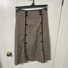 Wool Tweed A-Line Skirt Brown Black with Button Accents Contrast Trim