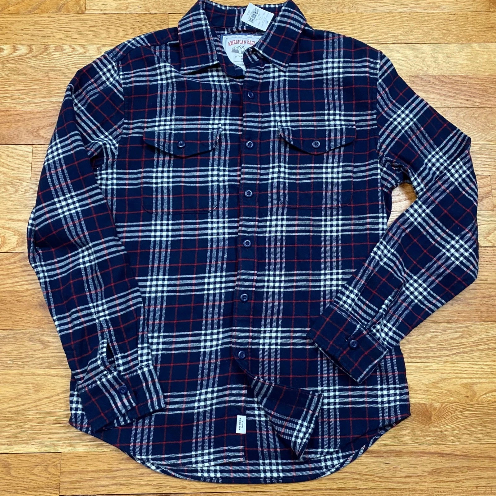 American Eagle Plaid Flannel Shirt Mens Small Blue Red Gorpcore Cabin Core NWT