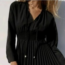 Zara Black Pleated Pomplin DRESS Long Sleeve Ruffled Neck SIZE XS  9878 063 800