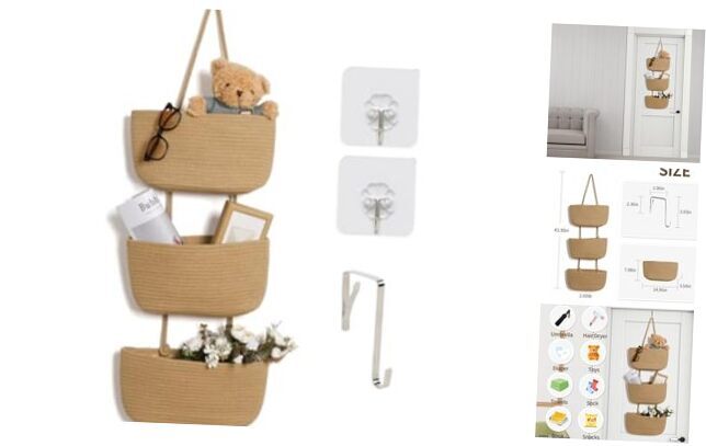 Over The Door Organizer Hanging Basket, 3-Tier Woven Cotton Wall-Mounted