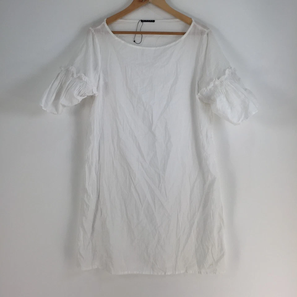 Sisley womens tunic top size L sheer white short sleeve round neck cotton 055648 — 第 2/4 张图片