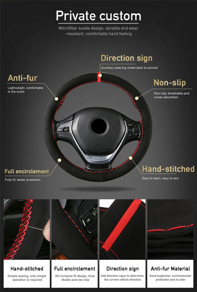 Red Suede Leather Braid Steering Wheel Cover Interior Protector w/Needle Thread - Изображение 3 из 4