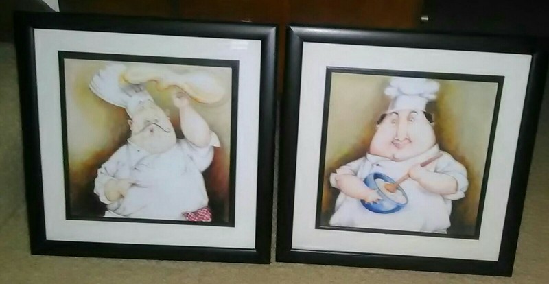 2) Framed "Fat Chef" Wall Pictures By Tracy Flickinger * Nice Kitchen Decor!
