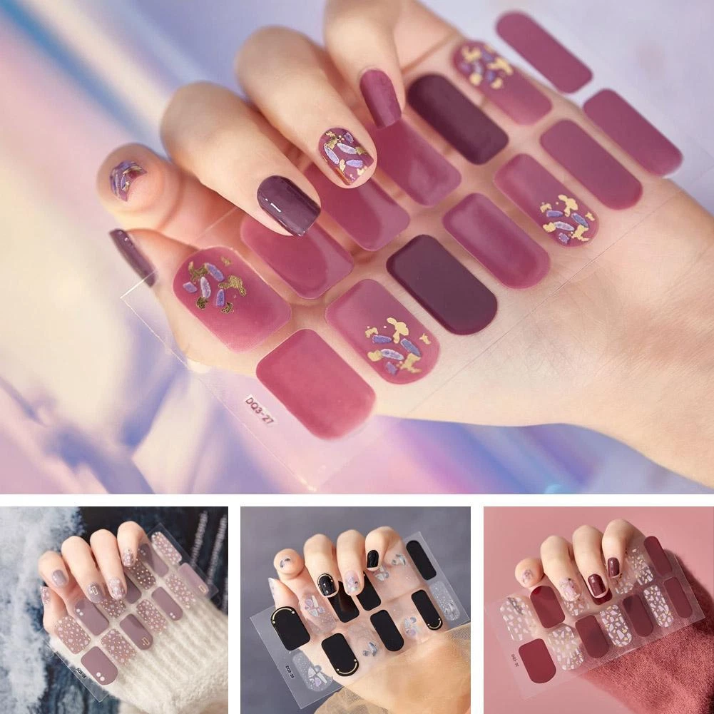 Gel Nail Stickers Full Nail Wraps Semi Cured Gel Nails Strips Glitter 9CN9