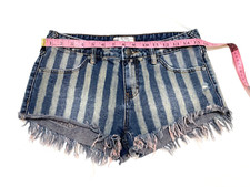 FREE PEOPLE Blue Denim Stripe Shorts Frayed Women Size 28