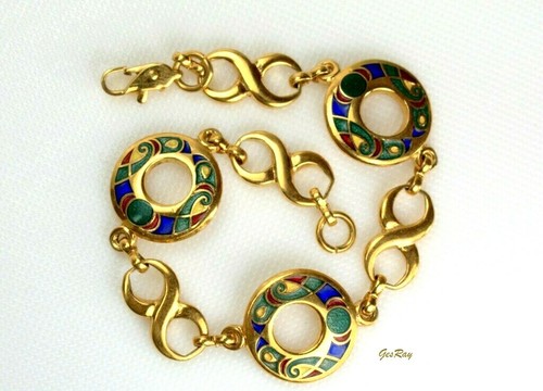 Pulsera de eslabones esmaltados modernos de mediados de siglo, pulsera retro de oro multicolor - Imagen 3 de 7