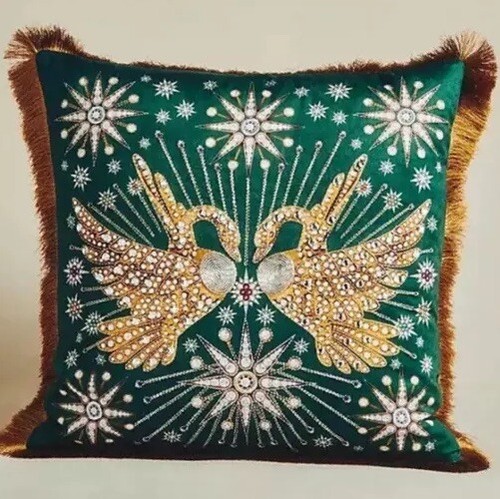 ANTHROPOLOGIE CATHERINE MARTIN STARRY NIGHT Green Velvet Embroidery Beads Pillow