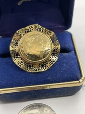 Vintage Faux Goldtone Napoleon III Coin on Filigree Wave Band Ring Sz 6 1/2