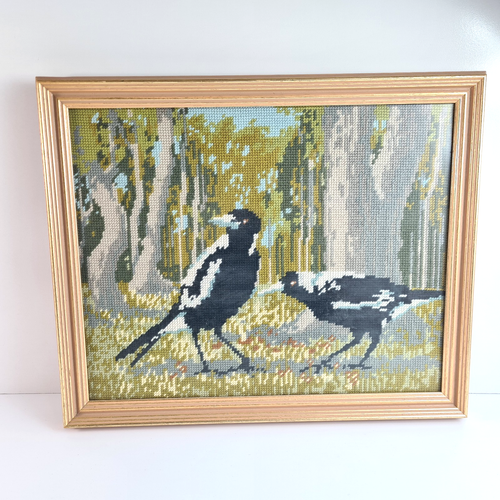 Framed Vintage Cross Stitch Needlepoint Two Magpies in Forrest 42cm x 34cm