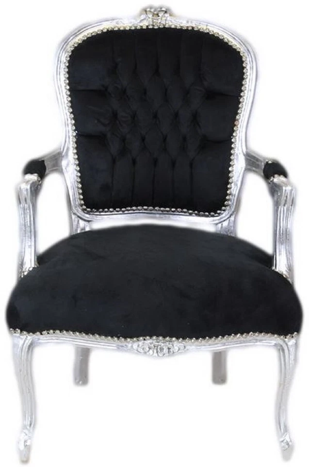 Casa Padrino Barock Salon Stuhl Schwarz / Silber - Handgefertigt Antik Stil