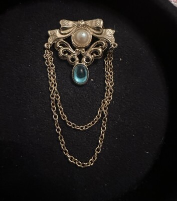 Vintage Signed Bergere Bow Chatelaine Pearl Aquamarine Blue Cabochon Brooch Pin
