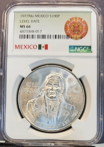 1977 MEXICO SILVER 100 PESOS S100P LEVEL DATE NGC MS 66 BRIGHT GEM BU COIN