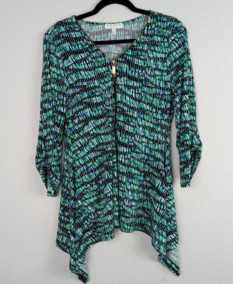 Chaus Womens Sz Large Tunic Top Zipper V-Neck Hanky Hem Black Blue Green Print