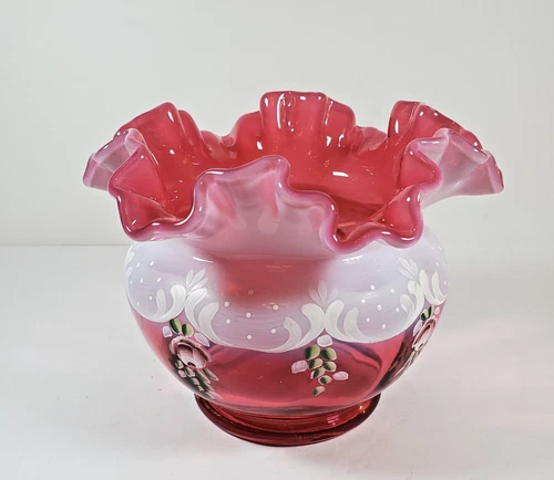Fenton 2002 Charleton Cranberry Rose Bowl Vase Ruffled Top Signed M.Caplinger