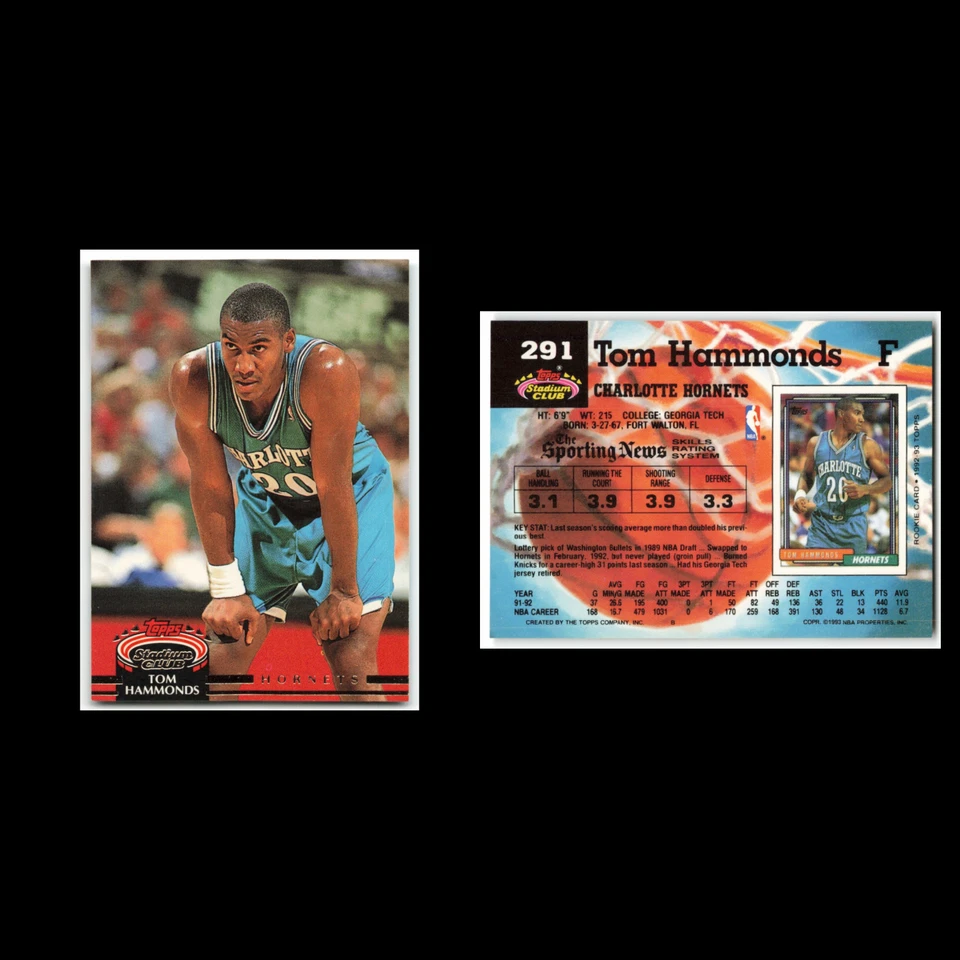 Tom Hammonds #291 1992 Topps Stadium Club Charlotte Hornets Basketball Card NBA - Image 3 of 3