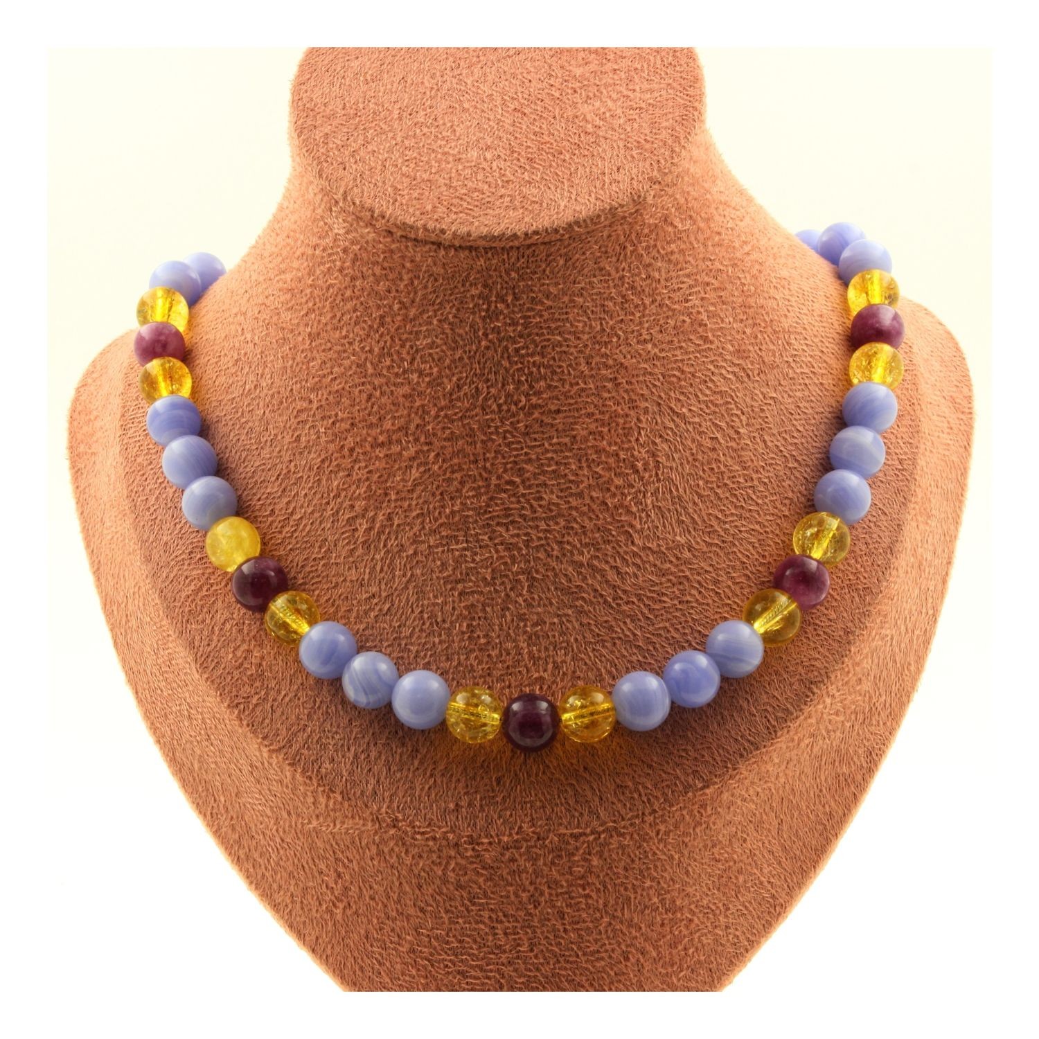 Collier agate crazy lace bleue citrine lépidolite 8 mm bijou pierres naturelles