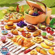 Pretend Play Food for Kids, Cutting Toy Food Set with Picnic Bask