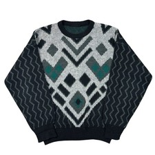 Vintage Knit Jumper Sweater Crazy Patterned Wool Blend Black Mens Large