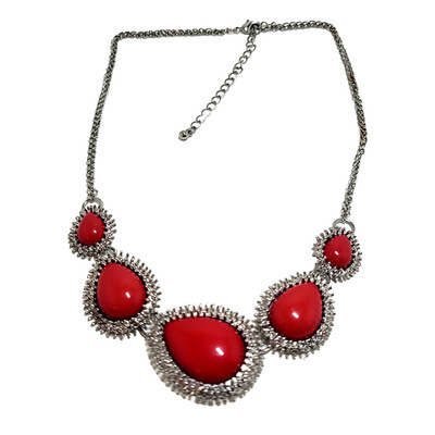 Red Teardrop Silver Tone Statement Necklace 21 Inch Extender